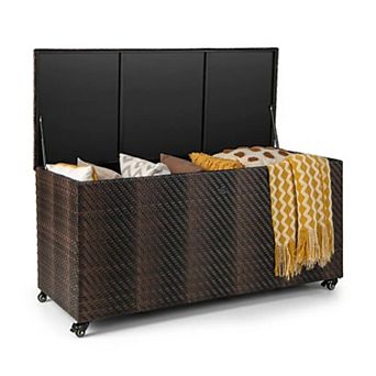 YIORTWO 96 Gallon Wicker Deck Box Outdoor Storage with Wheels Waterproof