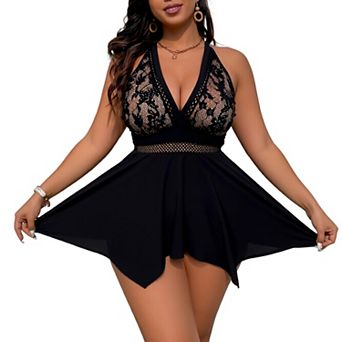 Women's Plus Size Lace Swim Dress, Cross Back Tankini Swimsuit, Tummy Control Modest Beachwear