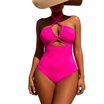 Women's Halter Cutout One-Piece Swimsuit, Tummy Control Ruched Swimwear for Beach & Vacation