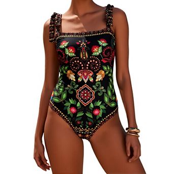 Women's Printed One-Piece Swimsuit, Square Neck Bathing Suit with Tie Shoulder Straps for Beach