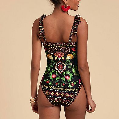 Women's Printed One-Piece Swimsuit, Square Neck Bathing Suit with Tie Shoulder Straps for Beach