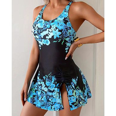 Women's Swim Dress One-Piece Swimsuit, Floral Printed Bathing Suit with Adjustable Strap