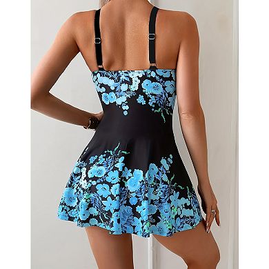 Women's Swim Dress One-Piece Swimsuit, Floral Printed Bathing Suit with Adjustable Strap