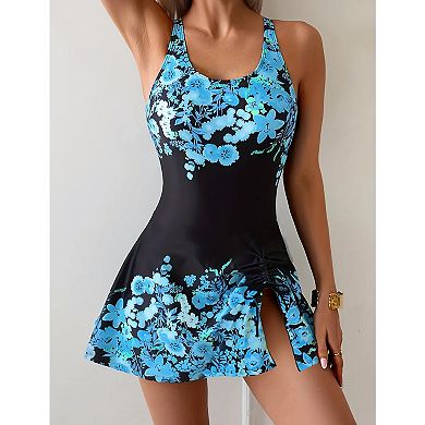 Women's Swim Dress One-Piece Swimsuit, Floral Printed Bathing Suit with Adjustable Strap