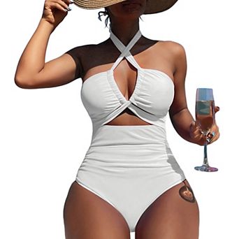 Women's Halter One-Piece Swimsuit, Cutout Bathing Suit with Ruched Tummy Control for Beach & Resort