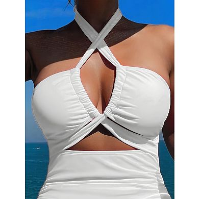 Women's Halter One-Piece Swimsuit, Cutout Bathing Suit with Ruched Tummy Control for Beach & Resort