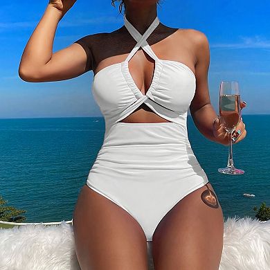 Women's Halter One-Piece Swimsuit, Cutout Bathing Suit with Ruched Tummy Control for Beach & Resort