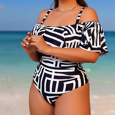 Women's Plus Size One-Piece Swimsuit, Off-Shoulder Ruffle Bathing Suit with Adjustable Straps
