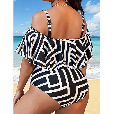 Women's Plus Size One-Piece Swimsuit, Off-Shoulder Ruffle Bathing Suit with Adjustable Straps