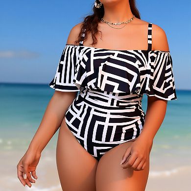 Women's Plus Size One-Piece Swimsuit, Off-Shoulder Ruffle Bathing Suit with Adjustable Straps