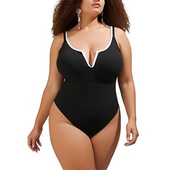 Women's Plus Size One-Piece Swimsuit, Contrast Trim Bathing Suit with Adjustable Straps