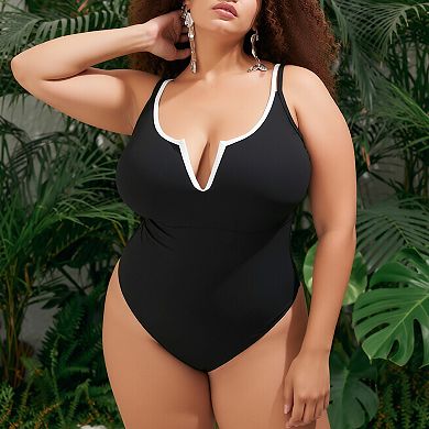 Women's Plus Size One-Piece Swimsuit, Contrast Trim Bathing Suit with Adjustable Straps