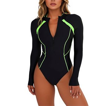 Women's Long Sleeve Rash Guard, One-Piece Swimsuit with Front Zip & Neon Accents
