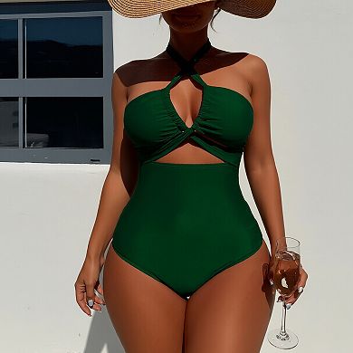 Women Halter Cutout One Piece Swimsuit Tummy Control Ruched Bathing Suit
