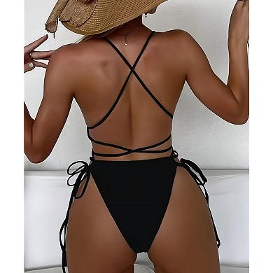 Women Crisscross Back One Piece Swimsuit Deep V-Neck Lace Up Bathing Suit