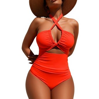 Women Halter Crisscross Cutout One Piece Swimsuit Tummy Control Bathing Suit
