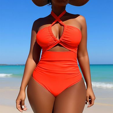 Women Halter Crisscross Cutout One Piece Swimsuit Tummy Control Bathing Suit