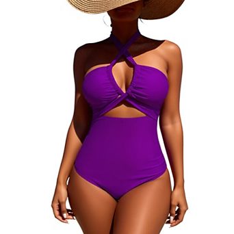 Women Halter Cutout One Piece Swimsuit Tummy Control Crisscross Bathing Suit