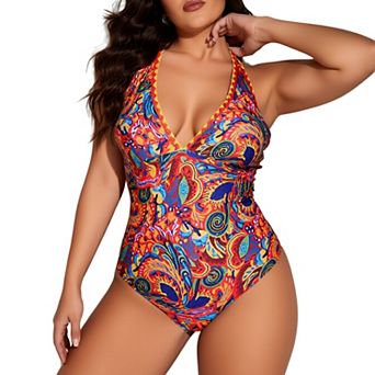 Plus Size Women Halter One Piece Swimsuit Tummy Control V Neck Bathing Suit