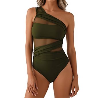 Women One Shoulder Mesh Cutout One Piece Swimsuit Ruched Bathing Suit