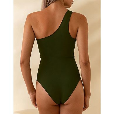 Women One Shoulder Mesh Cutout One Piece Swimsuit Ruched Bathing Suit