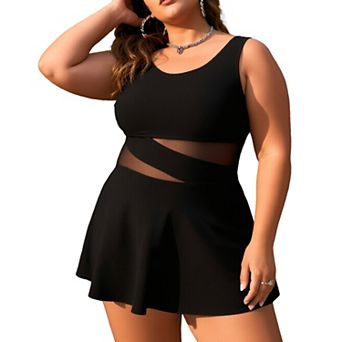 Plus Size Mesh Cutout Skirted One Piece Swimsuit Tummy Control Bathing Suit
