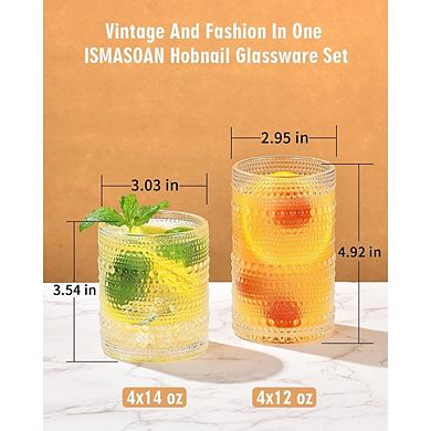 Drinking Glass Set, Vintage Hobnail Highball & Cocktail Tumblers