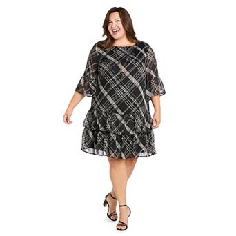 Plus Size R&M Richards Plaid Tiered Chiffon Shift Dress with Necklace