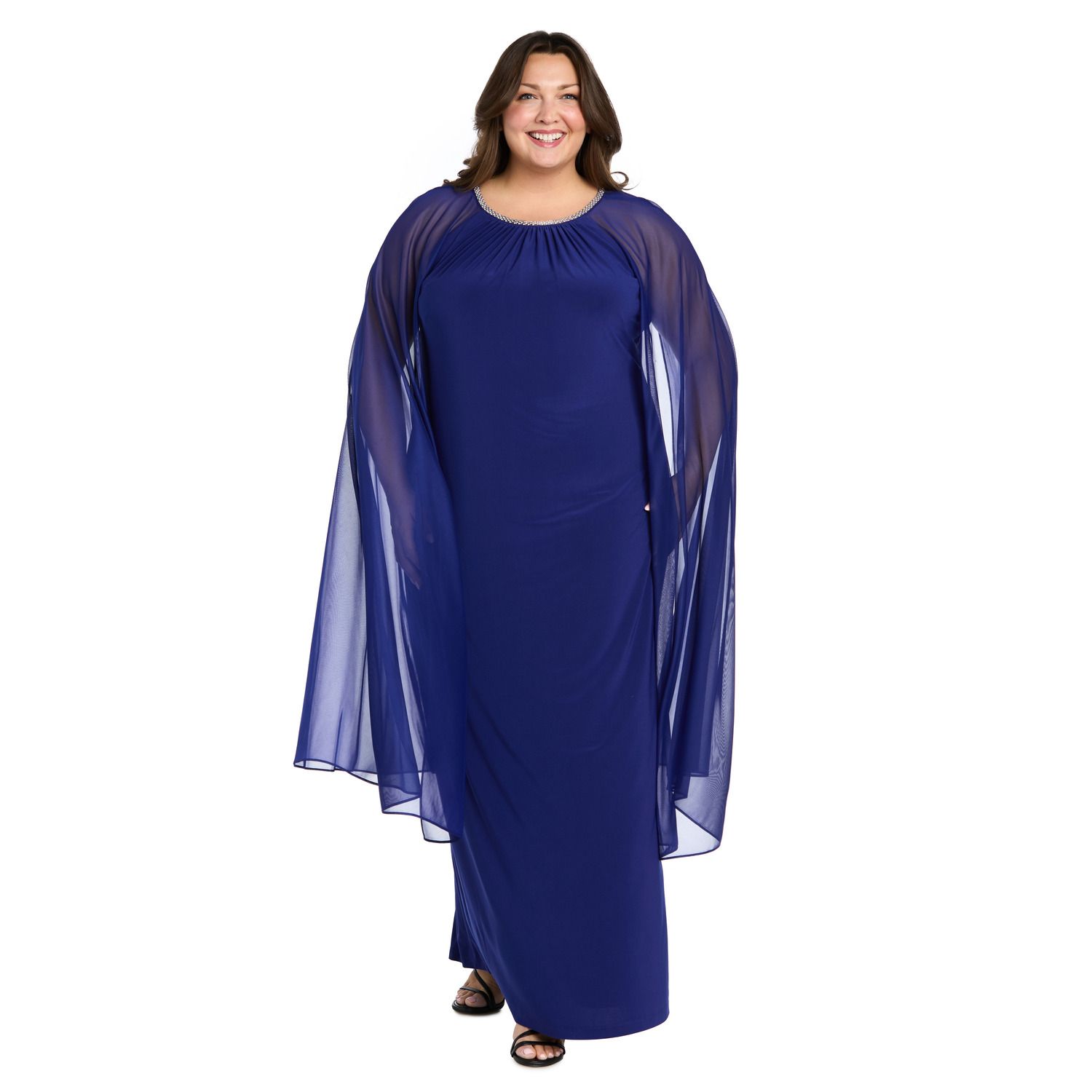 Женские платья R&M Richards Plus Size R&M Richards Evening Gown with Chiffon Cape & Beaded Neckline