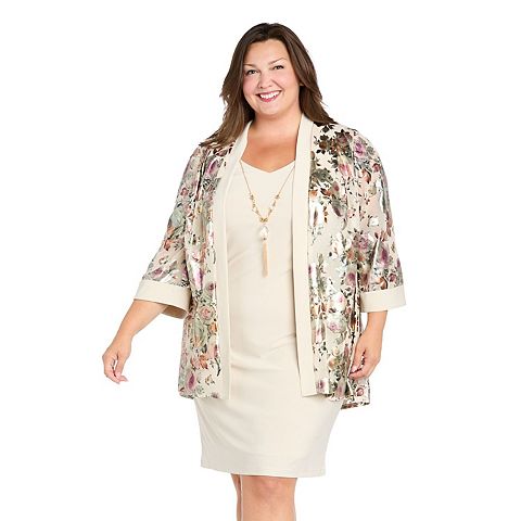 Женские платья R&M Plus Size R&M Richards Floral Print Mesh Jacket Dress Set with Necklace