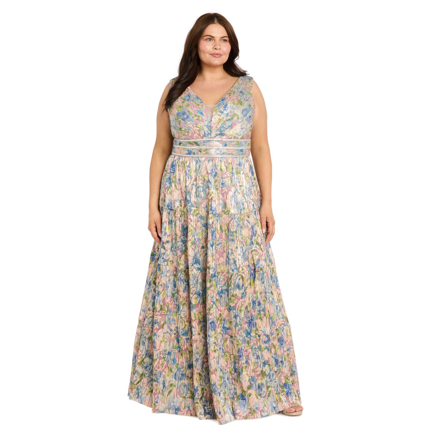 Женские платья R&M Richards Plus Size R&M Richards Floral V-Neck Crinkle Maxi Dress with Embellished Waist