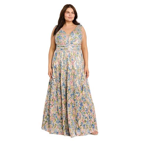 Женские платья R&M Plus Size R&M Richards Floral V-Neck Crinkle Maxi Dress with Embellished Waist
