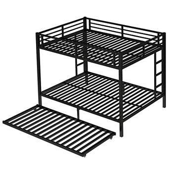 Queen over Queen Metal Bunk Bed with Twin Size Trundle Black