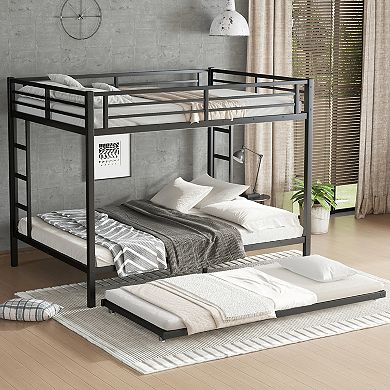 Queen over Queen Metal Bunk Bed with Twin Size Trundle Black