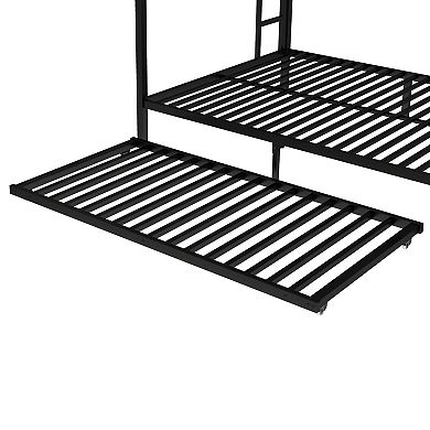 Queen over Queen Metal Bunk Bed with Twin Size Trundle Black