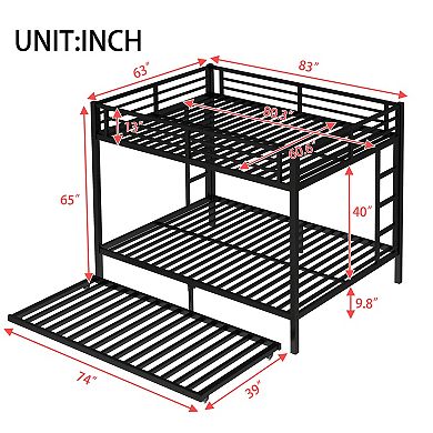 Queen over Queen Metal Bunk Bed with Twin Size Trundle Black
