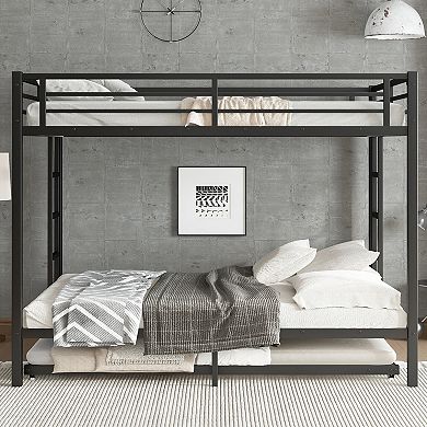 Queen over Queen Metal Bunk Bed with Twin Size Trundle Black