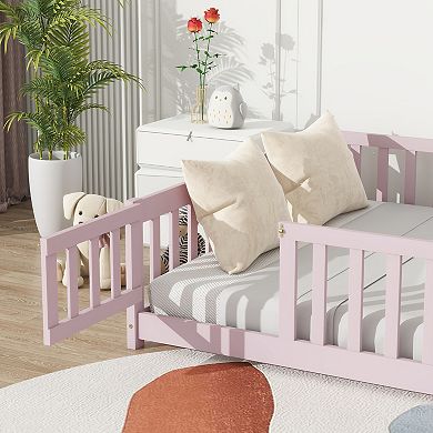 Full Floor Bed with Fence and Door Rubber Wood Safety Guardrails