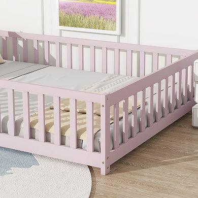 Full Floor Bed with Fence and Door Rubber Wood Safety Guardrails