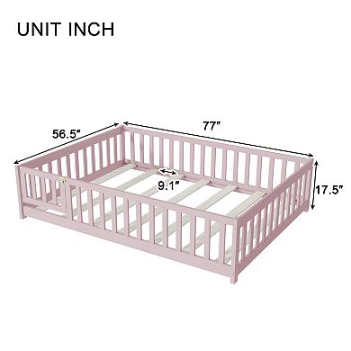 Full Floor Bed with Fence and Door Rubber Wood Safety Guardrails