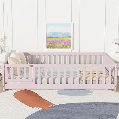 Full Floor Bed with Fence and Door Rubber Wood Safety Guardrails