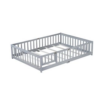 Full Floor Bed with Fence and Door Rubber Wood Safety Guardrails