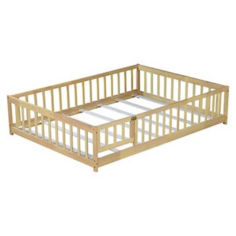 Full Floor Bed with Fence and Door Rubber Wood Safety Guardrails