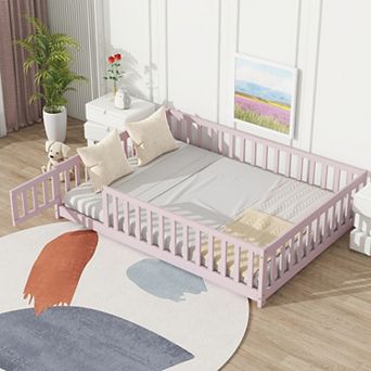 Full Floor Bed with Fence and Door Rubber Wood Safety Guardrails