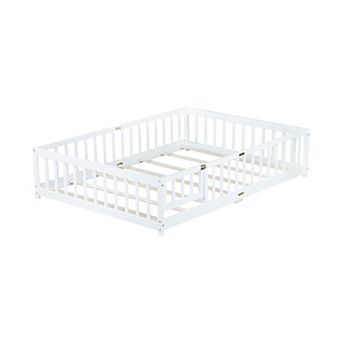 Full Floor Bed with Fence and Door Rubber Wood Safety Guardrails