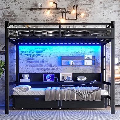 Bunk Bed with Storage Shelves Drawers USB LED and Convertible Lower Bed