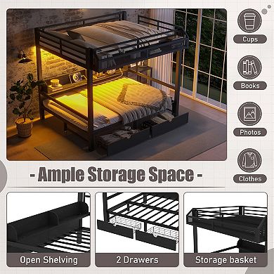 Bunk Bed with Storage Shelves Drawers USB LED and Convertible Lower Bed