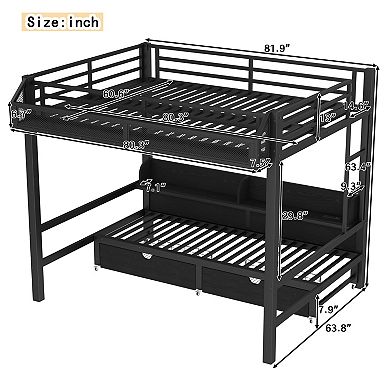 Bunk Bed with Storage Shelves Drawers USB LED and Convertible Lower Bed