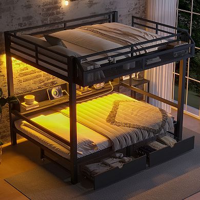 Bunk Bed with Storage Shelves Drawers USB LED and Convertible Lower Bed