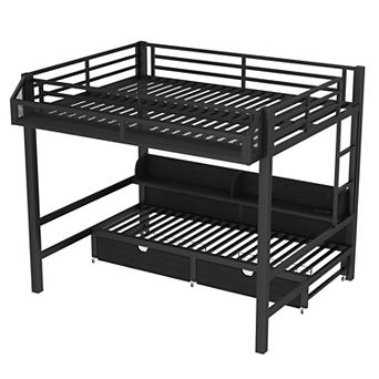 Bunk Bed with Storage Shelves Drawers USB LED and Convertible Lower Bed